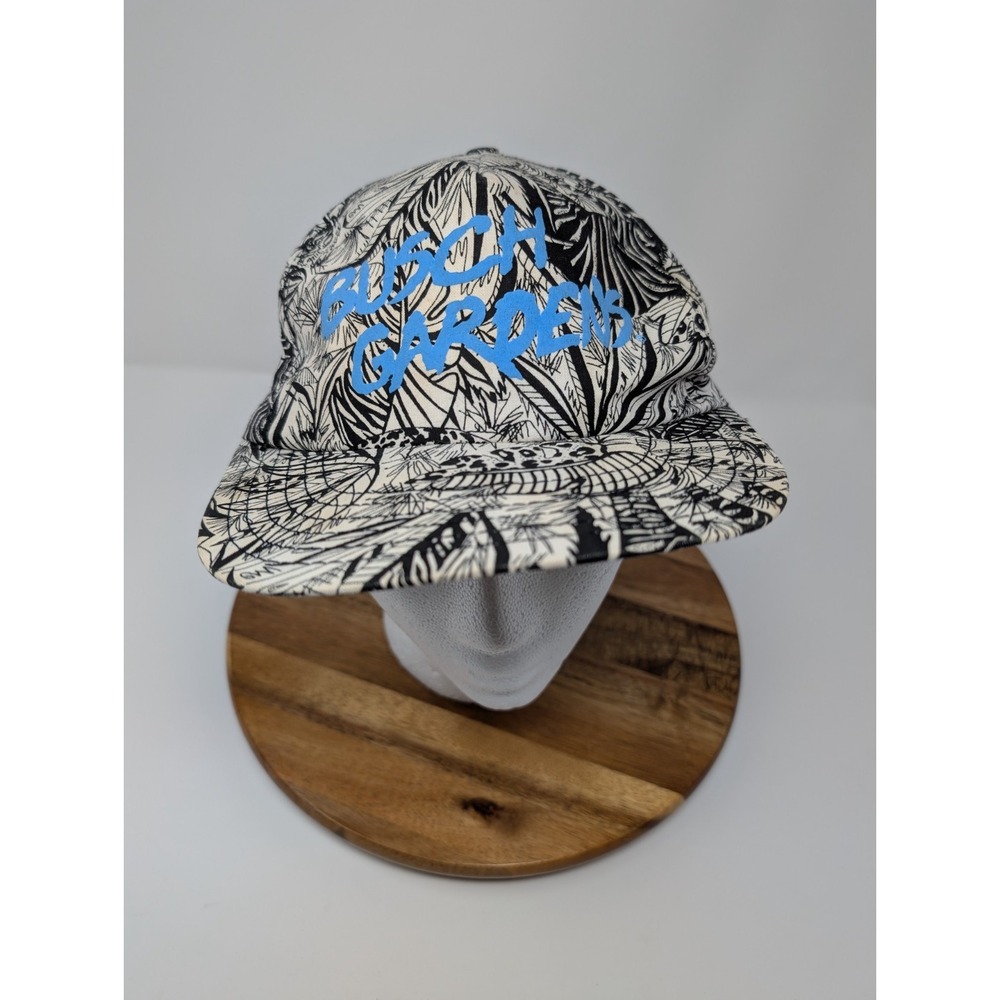 Vintage Busch Gardens Hat Cap All Over Print Black White Jungle Leaves RARE USA
